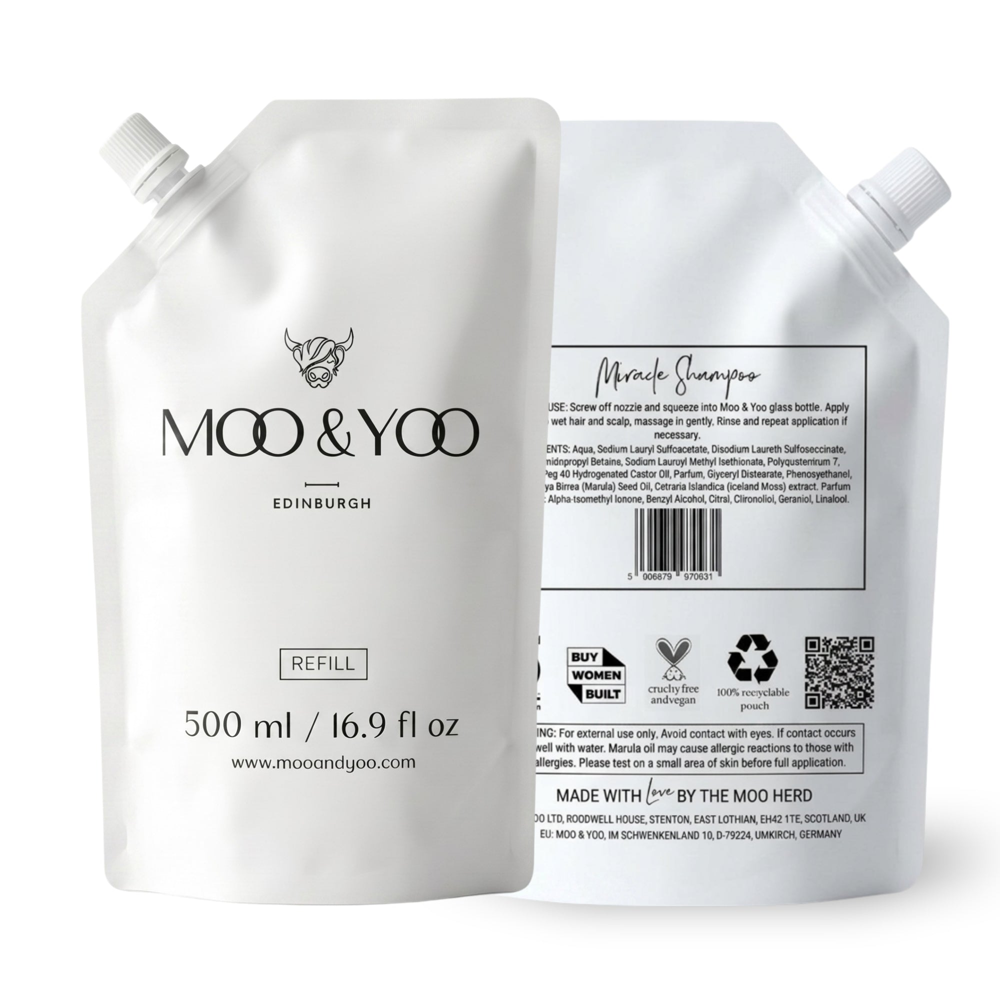 Moo & Yoo shampoo refill packaging with front and back views on a white background