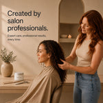A salon setting with a stylist standing and applying moo & yoo miracle curl cream the hair of a seated client. Text on the left reads, 'Created by salon professionals.