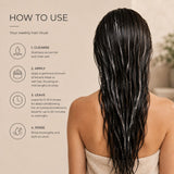 A woman with long, dark, wet hair is shown from the back, wrapped in a towel, with instructional text on the left explaining how to use a hair mask. The text lists four steps: cleanse, apply, leave, and rinse.