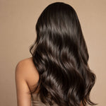 Long, wavy dark brown hair shown from the back on a model against a solid beige background.