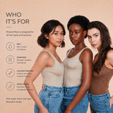 Three women posing together against a warm beige background, wearing beige tank tops and blue jeans. Text on the left reads 'WHO IT'S FOR' with bullet points about dry, damaged, color-treated, and frizz-prone hair, plus a product name 'Miracle Mask'.