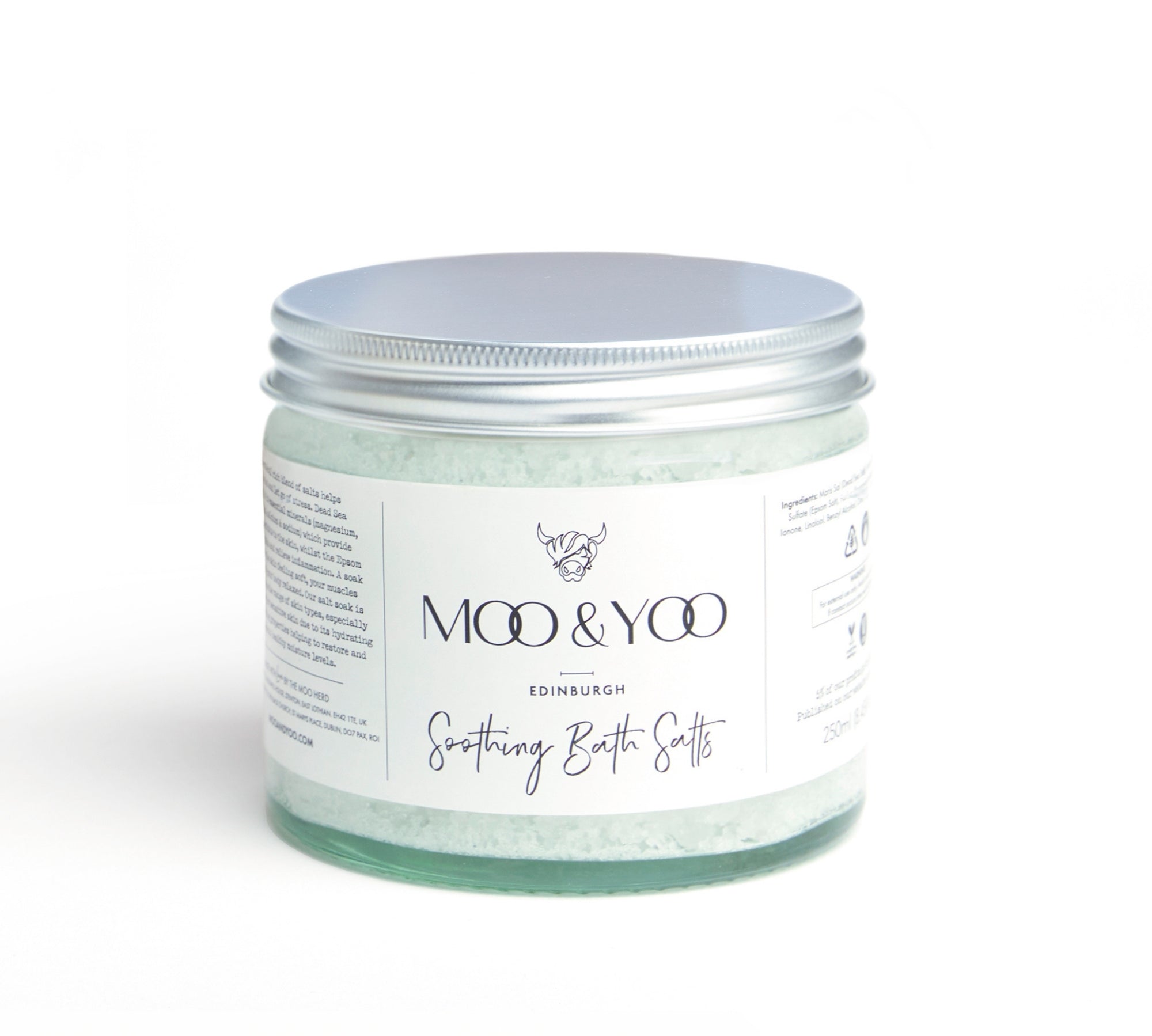 Jar of 'Moo & Yoo' soothing bath salts on a white background
