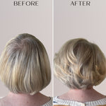 Before and after comparison of hair using volumising spray mist with a plain background