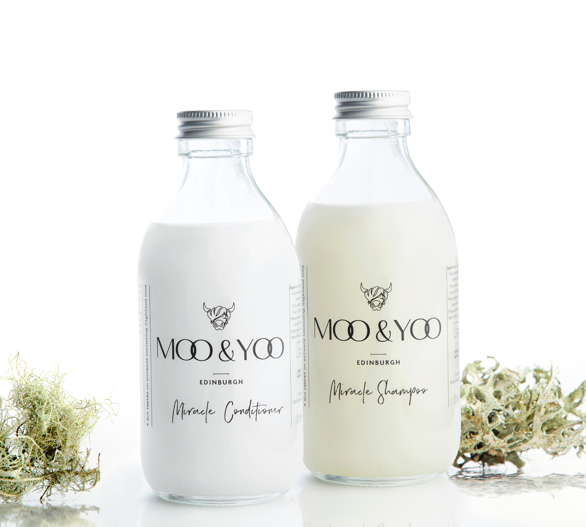 A glass bottle of Moo and Yoo Miracle Conditioner and a glass bottle of Moo and Yoo Miracle Shampoo sitting side by side with aluminium lids on a white background with a sprig of Icelandic moss placed to each side.