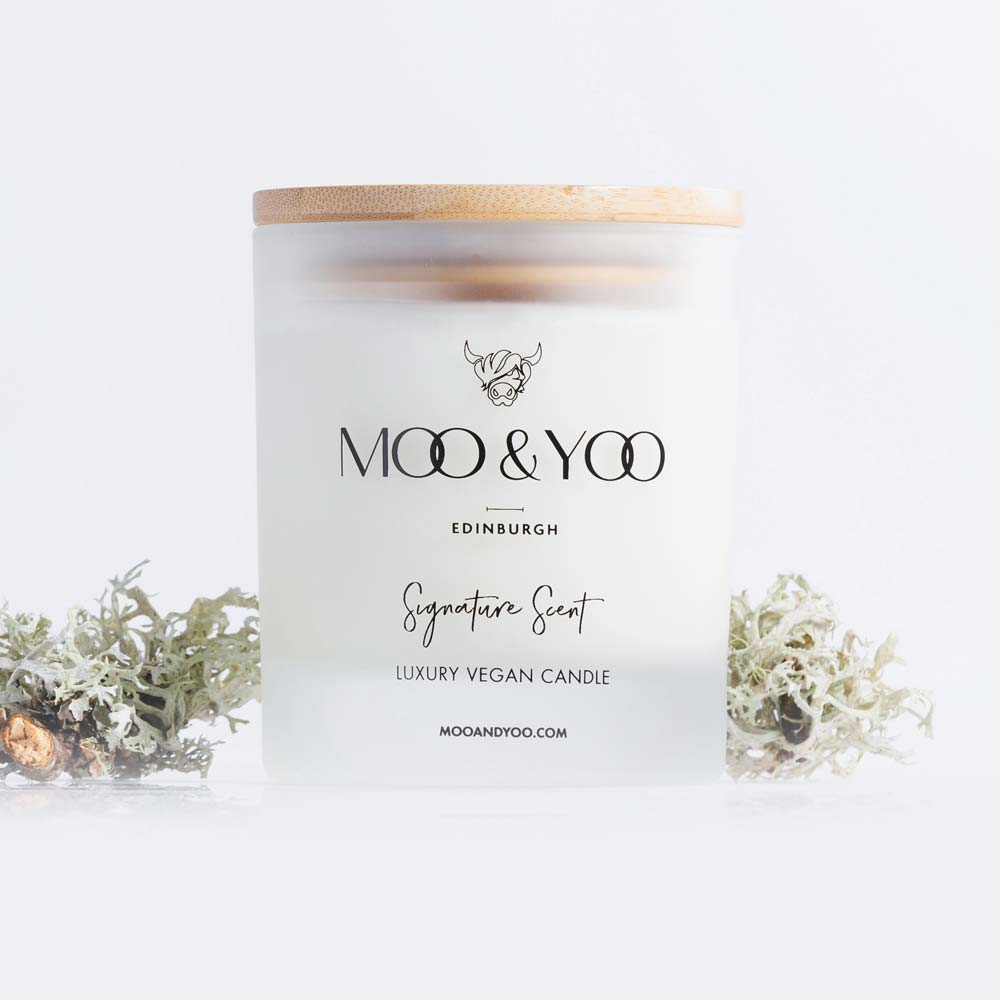 Glass jar with bamboo lid of Moo and Yoo signature scent luxury vegan candle. It is on a white backgroun with srpigs of moss on each side.
